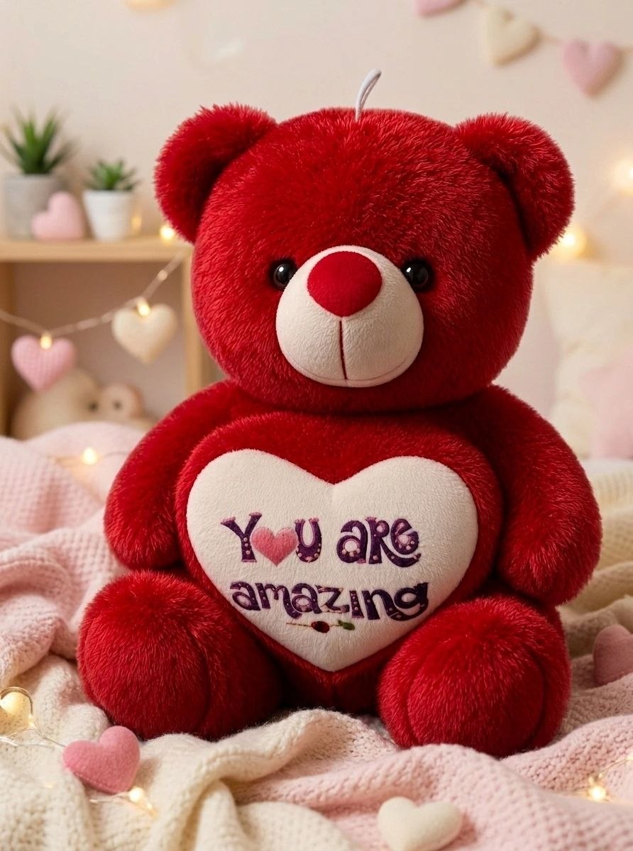 Premium Red Stuffed Teddy Bear with "You Are Amazing" Heart | Soft & Cuddly Plush Toy for Gifting (36 cm)