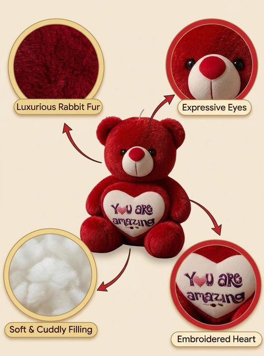 Premium Red Stuffed Teddy Bear with "You Are Amazing" Heart | Soft & Cuddly Plush Toy for Gifting (36 cm)