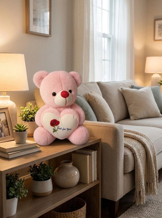 Premium Pink Stuffed Teddy Bear with "Just for You" Rose Heart | Soft & Cuddly Plush Toy for Gifting (36 cm)