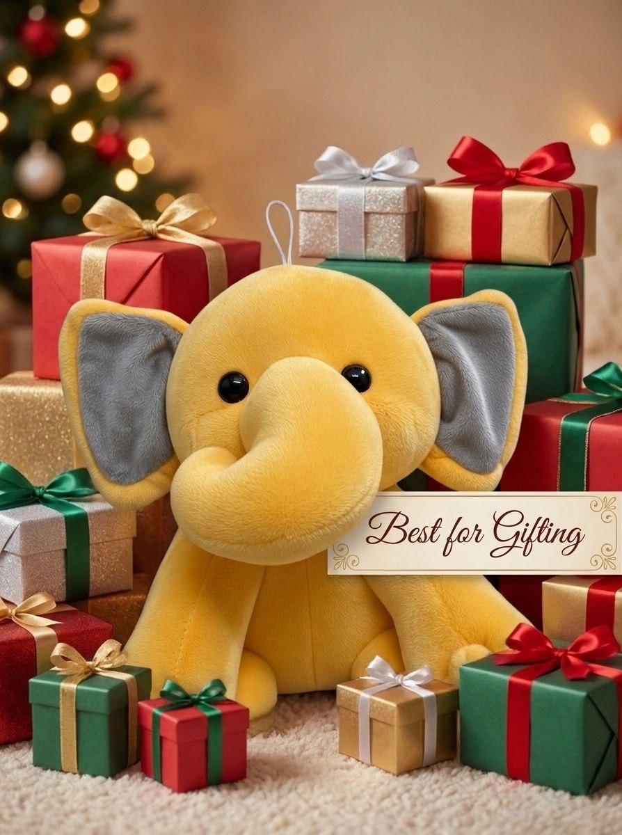 Premium Yellow & Grey Elephant Stuffed Toy with Soft E.F. Fabric & Cute Expressive Eyes | Huggable Plush Animal