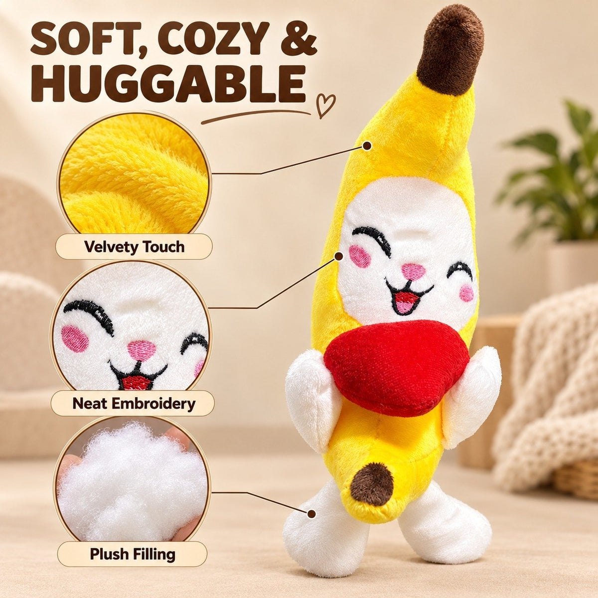 Crybananacat Official Adorable Banana Cat Plush Toy | Ultra-Soft Huggable Stuffed Animal with Cute Heart Design
