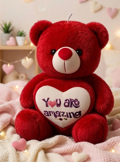 Premium Red Stuffed Teddy Bear with "You Are Amazing" Heart | Soft & Cuddly Plush Toy for Gifting (36 cm)