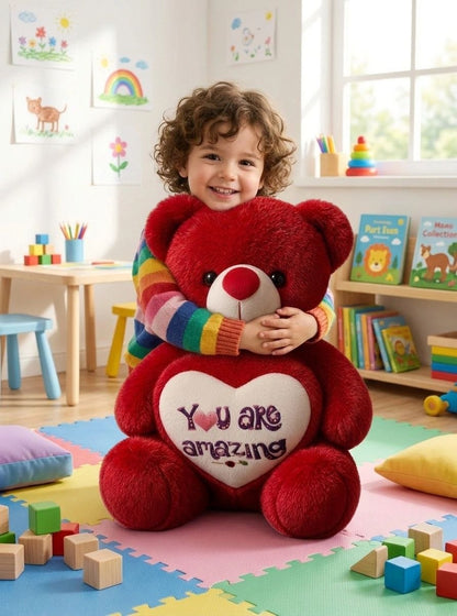 Premium Red Stuffed Teddy Bear with "You Are Amazing" Heart | Soft & Cuddly Plush Toy for Gifting (36 cm)