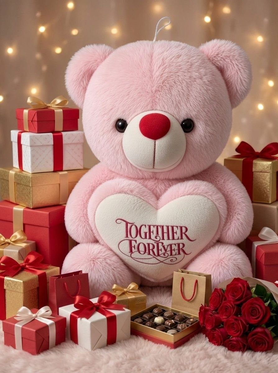 Premium Pink Stuffed Teddy Bear with "Together Forever" Heart | Soft & Cuddly Plush Toy for Gifting (36 cm)