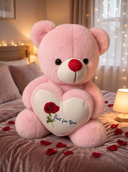 Premium Pink Stuffed Teddy Bear with "Just for You" Rose Heart | Soft & Cuddly Plush Toy for Gifting (36 cm)