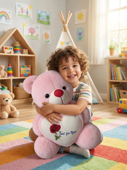 Premium Pink Stuffed Teddy Bear with "Just for You" Rose Heart | Soft & Cuddly Plush Toy for Gifting (36 cm)