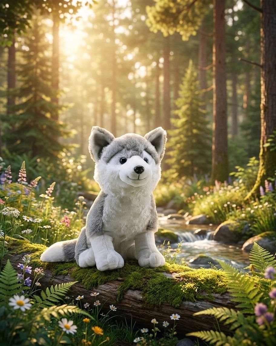 Premium Siberian Husky Stuffed Toy with Fluffy Tail & Realistic Ears | Soft Plush Toy (32 cm)