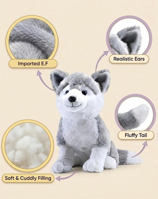 Premium Siberian Husky Stuffed Toy with Fluffy Tail & Realistic Ears | Soft Plush Toy (32 cm)