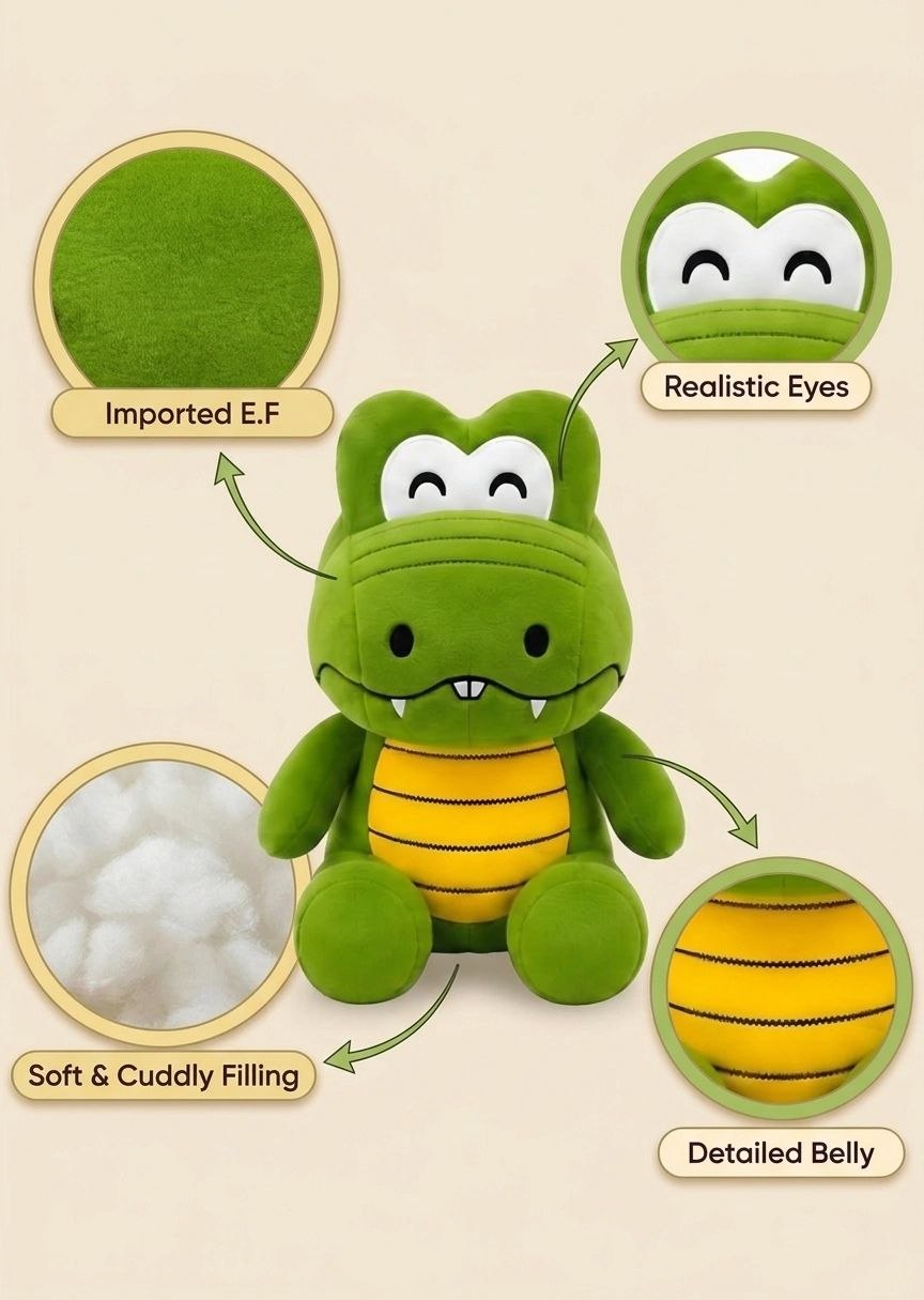 Adorable Green Crocodile Stuffed Toy with Striped Belly & Soft Spikes | Huggable Plush Toy