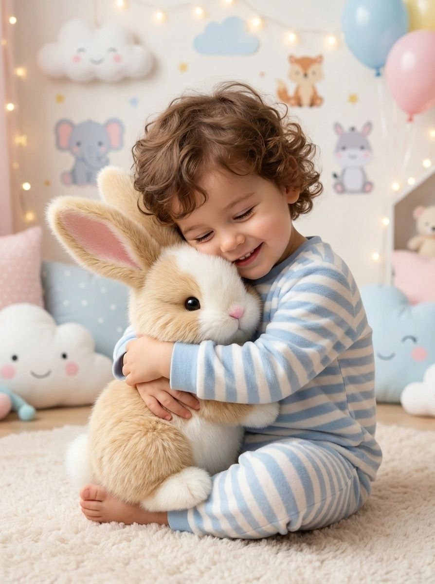Premium Beige & White Fluffy Bunny Stuffed Toy with Long Ears & Pink Nose | Super Soft Cuddle Plush Animal
