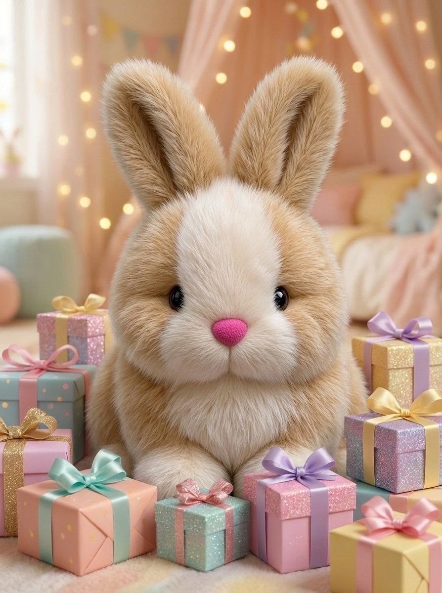 Premium Beige & White Fluffy Bunny Stuffed Toy with Long Ears & Pink Nose | Super Soft Cuddle Plush Animal
