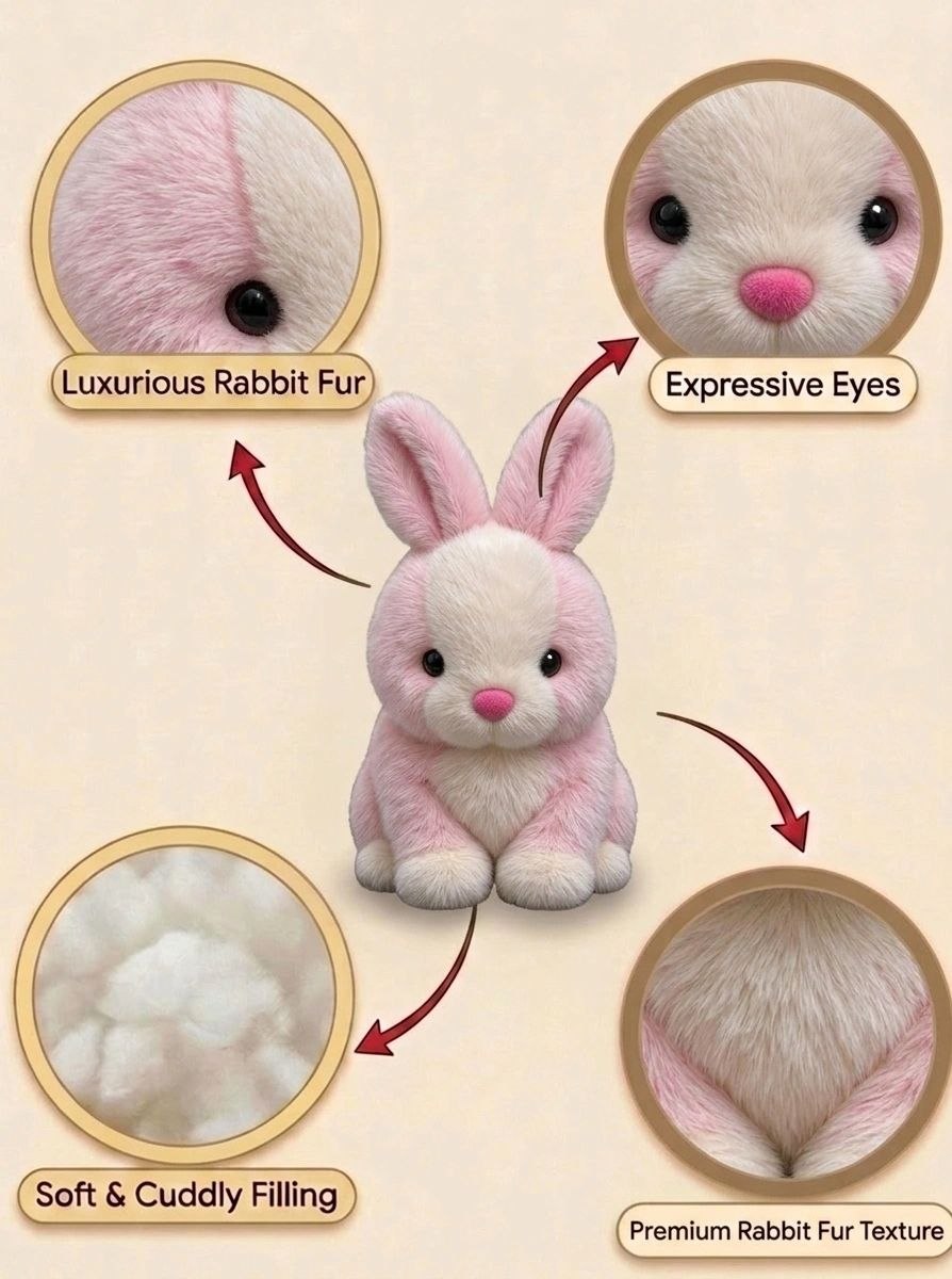 Premium Pink & White Fluffy Bunny Stuffed Toy with Long Ears & Cute Nose | Super Soft Cuddle Plush Animal