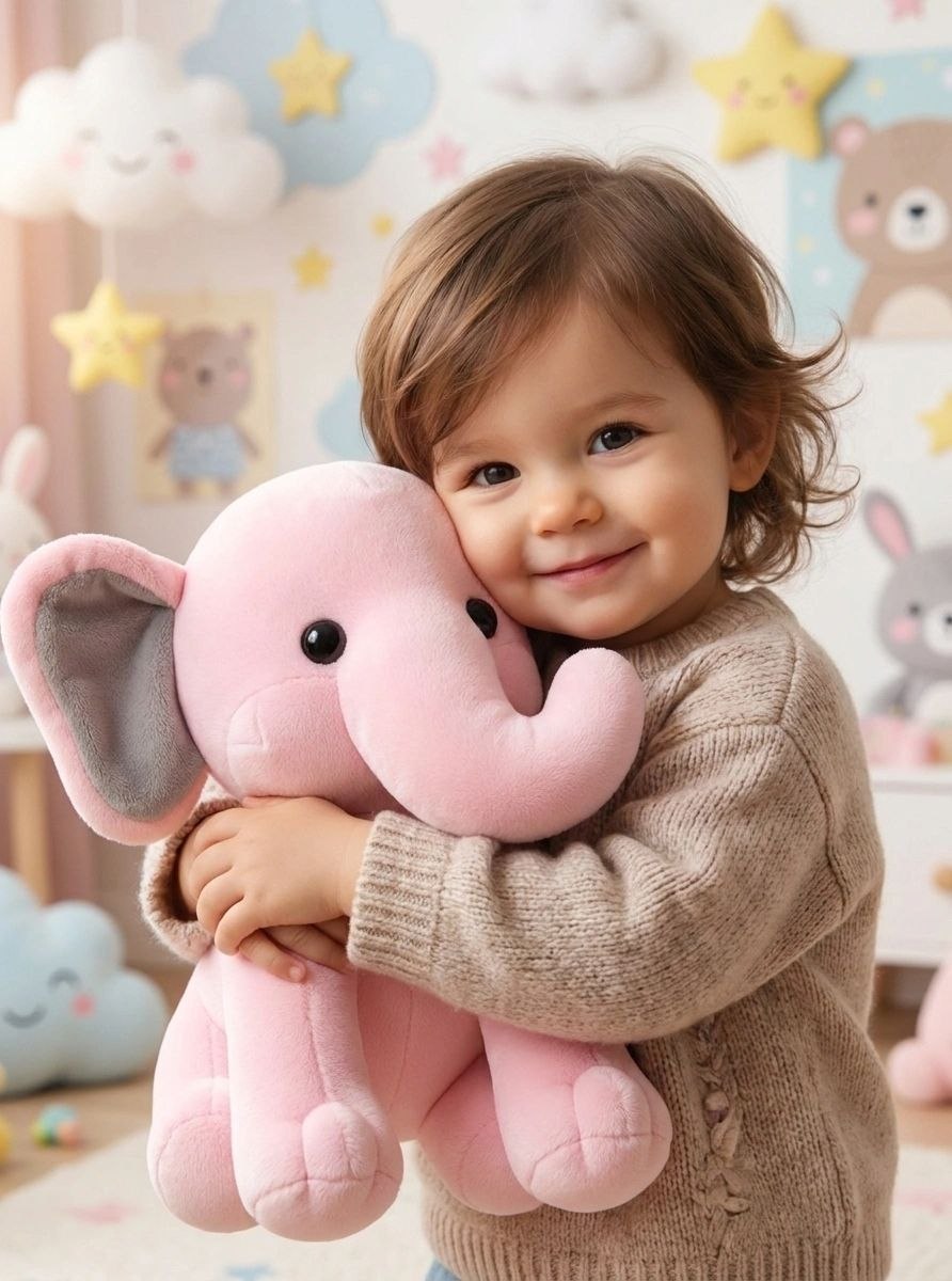Premium Baby Pink & Grey Elephant Stuffed Toy with Soft E.F. Fabric & Cute Expressive Eyes | Huggable Plush Animal